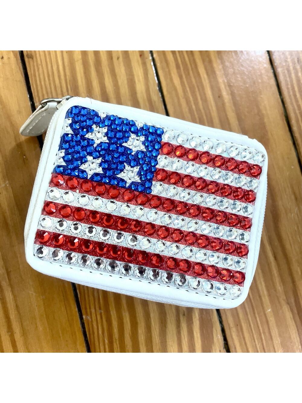 Pill Box USA Flag Sparkle Sequin Rhinestone Travel Case Organizer NEW PACKAGE
